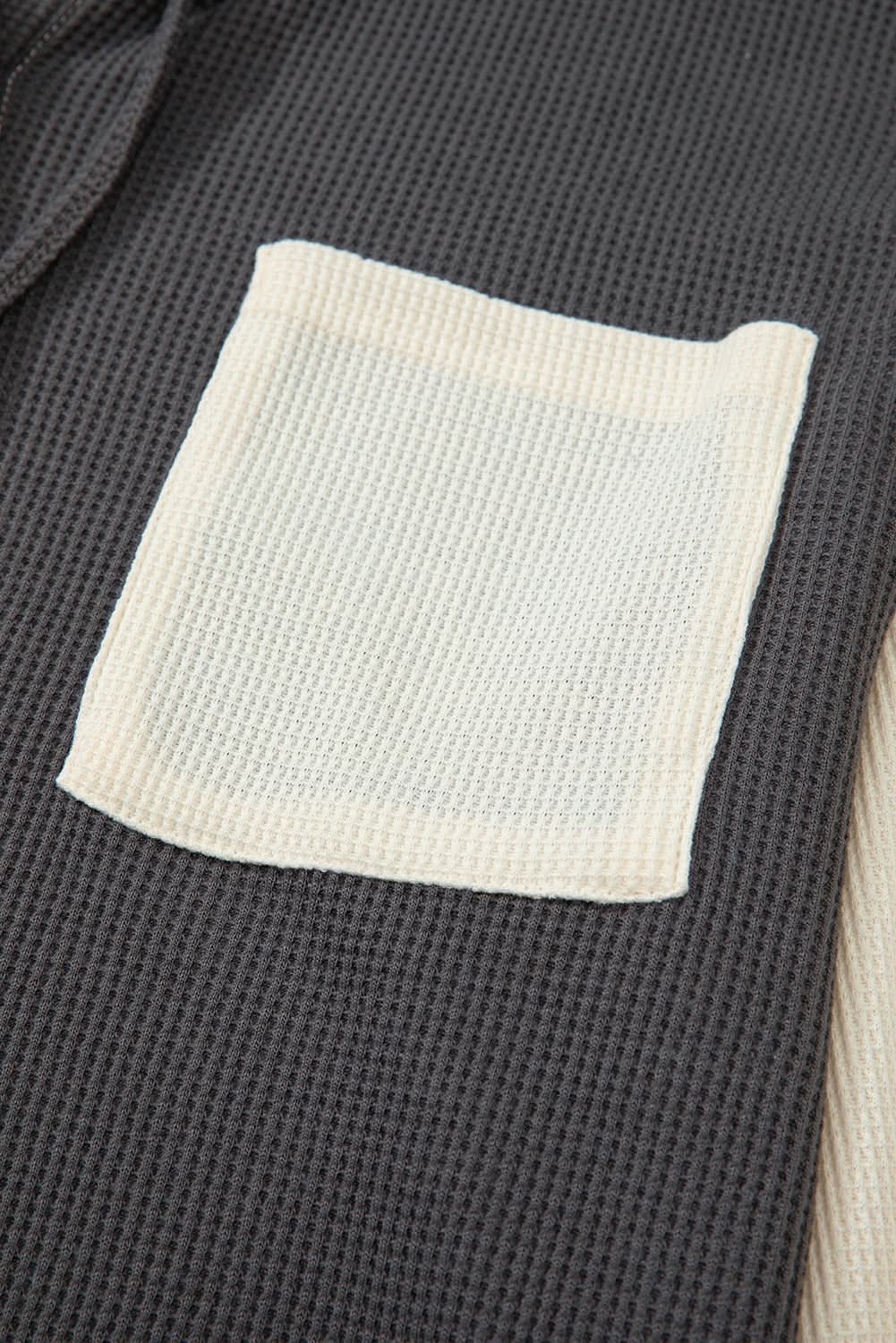 Dark Grey Waffle Colorblock Buttons Placket Drop Shoulder Drawstring Hoodie - Love Salve